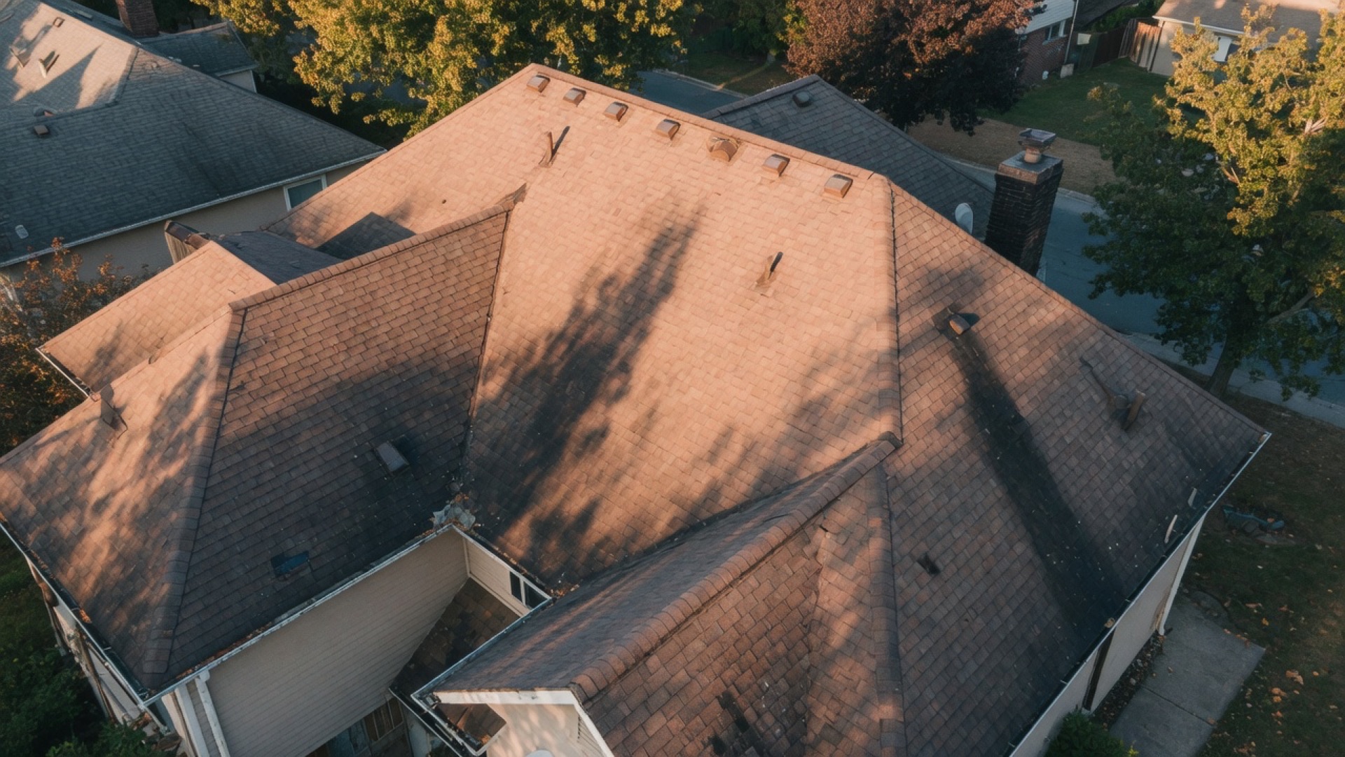 Aerial view of a residential asphalt-shingle roof at golden hour