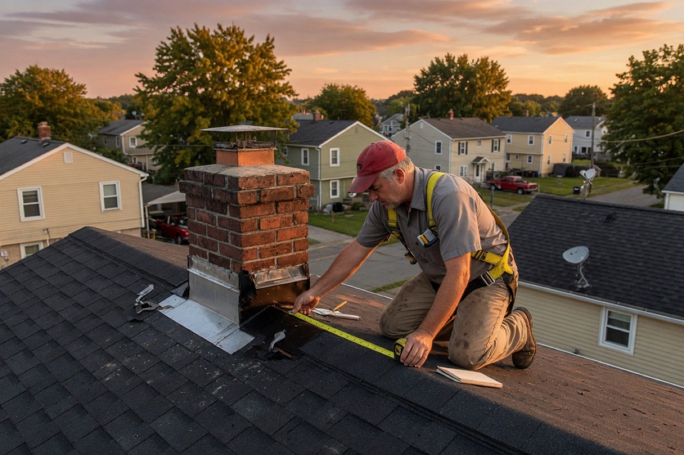 Roofing inspector measuring chimney flashing on an asphalt roof at sunset