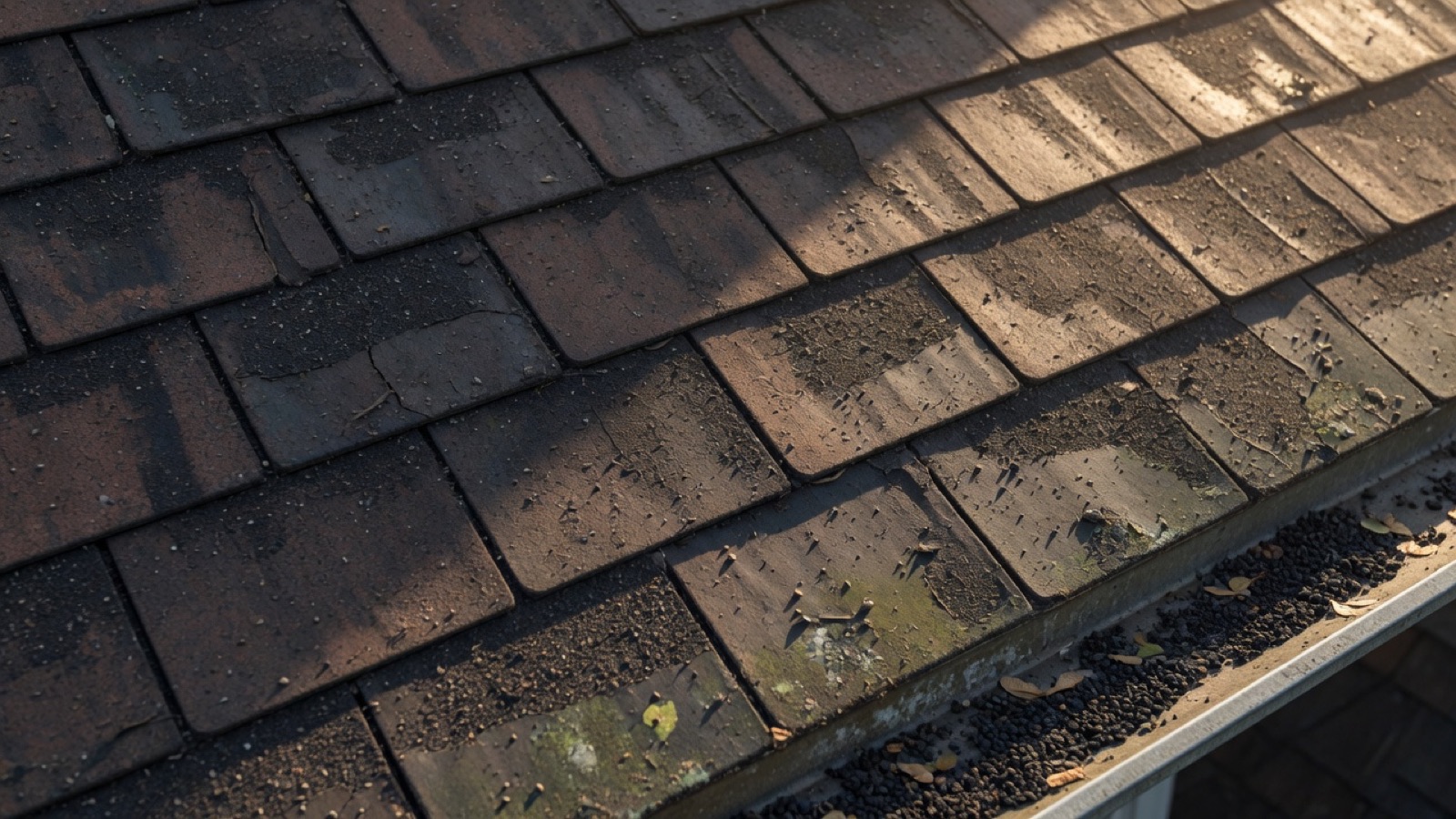 Close view of weathered asphalt shingles and granules in the gutter